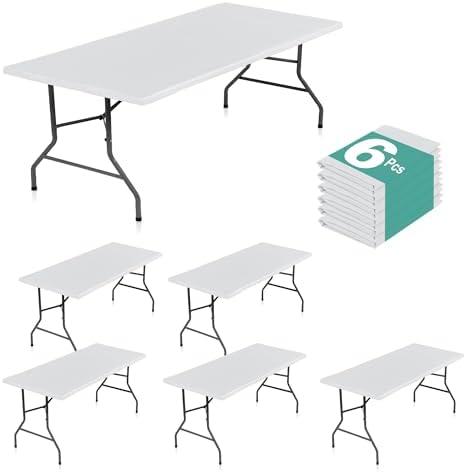 LUSHVIDA 6 Packs Vinyl Tablecloths with Flannel Backing for 8ft Rectangle Folding Table Cloths - Waterproof Plastic Picnic Table Covers with Elastic Corners, 30x96 inch, White