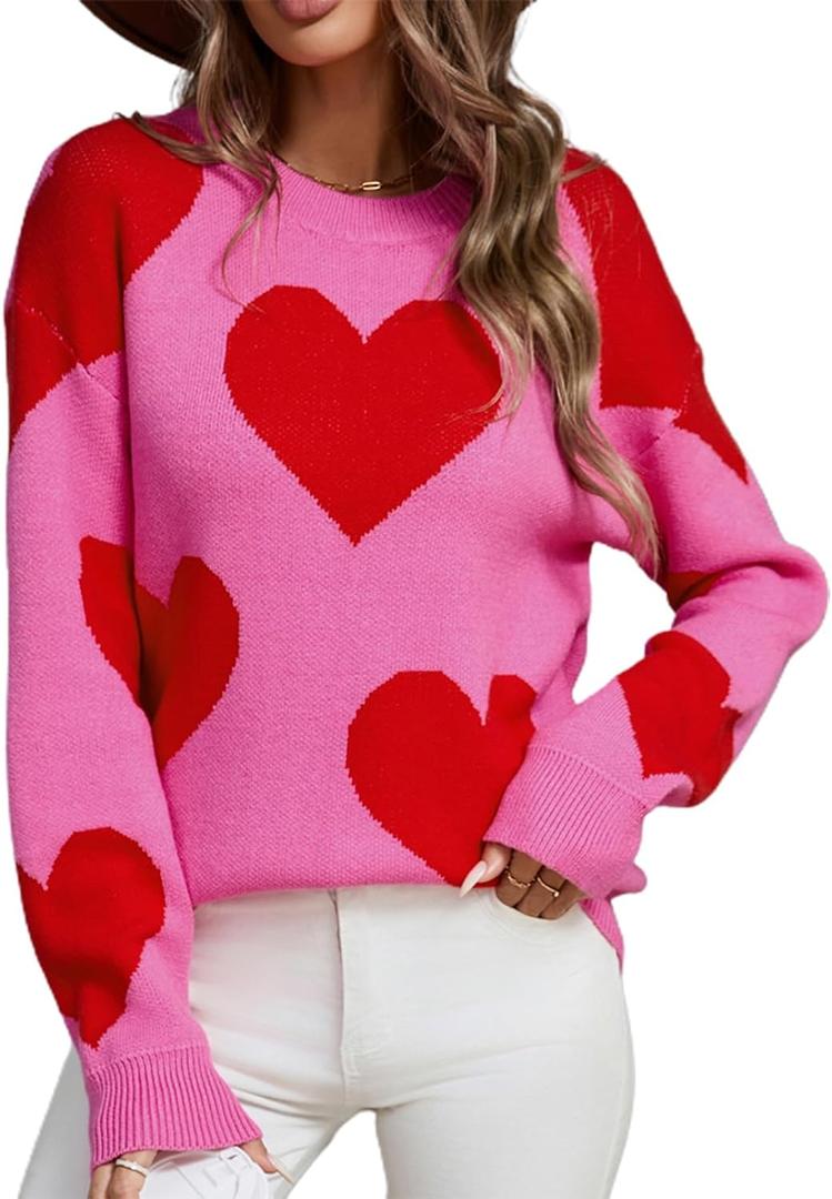 Women Cute Love Heart Sweater Y2K Long Sleeve Oversized Sweater Valentine's Day Pullover Knit Top, S
