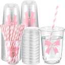 LemonRoad 50sets 16oz Pink Bow Cups Pink Birthday Party Decorations Supplies Cute Plastic Cups Disposable with Lids and Straws for Valentines Galentines Day Christmas Wedding Baby Shower Decorations