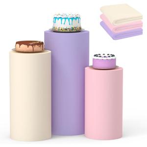 Cylinder Covers Set of 3,Cylinder Stand Covers for Parties,Round Pedestal Stand Covers for Cylinder Stands for Wedding Party Birthday Display(Cylinder Stands Not Included) (Pink Beige Purple, L+XL+XXL)