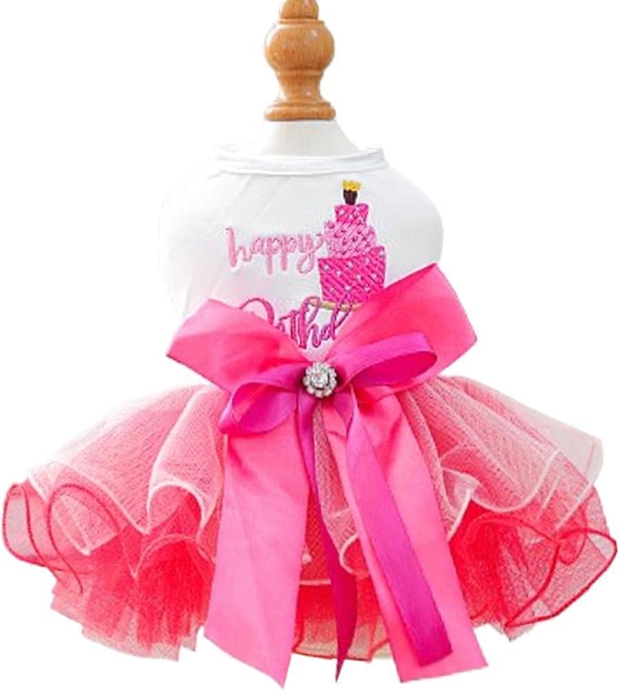 Dog Birthday Dress with Cake Pattern & Bowknot Girl Puppy Clothes for Small Dog Cat Birthday Outfit with Tutu Skirt Party Tulle Pet Apparel (Fuchsia, X-Large)