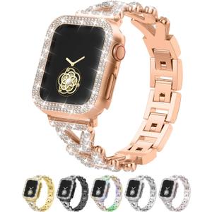 Rhinestones Encrusted Metal Bracelet and Case, Compatible with Apple Watch Bands 38mm-49mm (Series 10/1/SE/Ultra 2)- Bling Gold Women's Jewelry Strap, Luxury iWatch Bracelet with Screen Protector