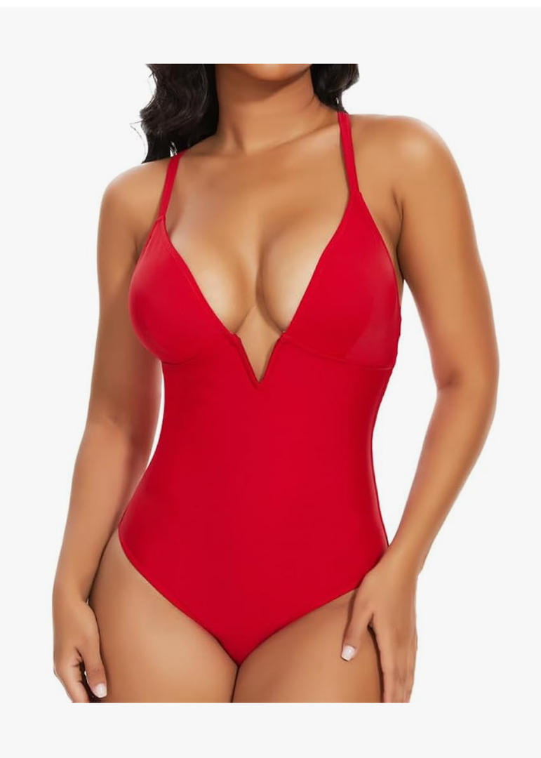 SHAPERIN Women's One Piece Swimsuit Deep V Neck Bathing Suits Tummy Control Push Up Padded, Size L