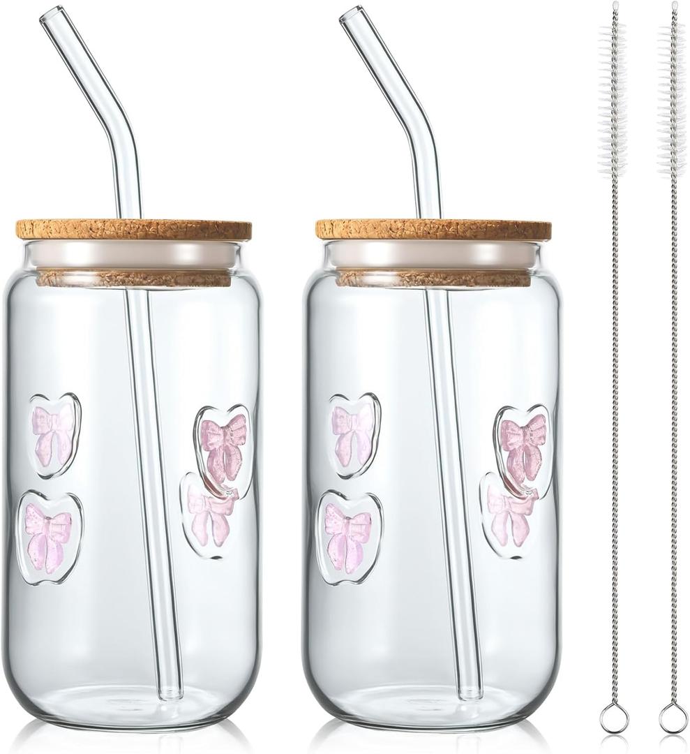 2 Pcs Coquette Pink Bow Glass Cups with Lids and Straws Aesthetic 16 oz Icon Juice Iced Coffee Cups Preppy Cute Bow Stuff Tumbler Mug Drinking Glasses, with Cleaning Brush