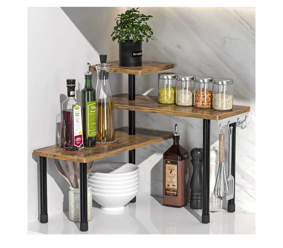 JayRex Countertop Organizer Organization, 3 Tier Moveable Corner Shelf Organizer for Kitchen, Bathroom, Spice Rack, Coffee Area, Over Sink, Dresser Table (Rustic Brown)