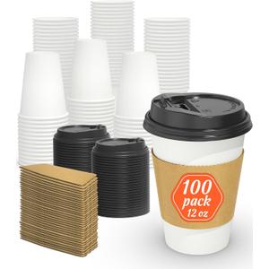 Dealusy 100 Pack 12 oz Disposable Coffee Cups with Lids and Sleeves, Sturdy Thick Paper & Leak-free Insulated to Go Paper Hot Coffee Cups for Hot & Cold Beverage