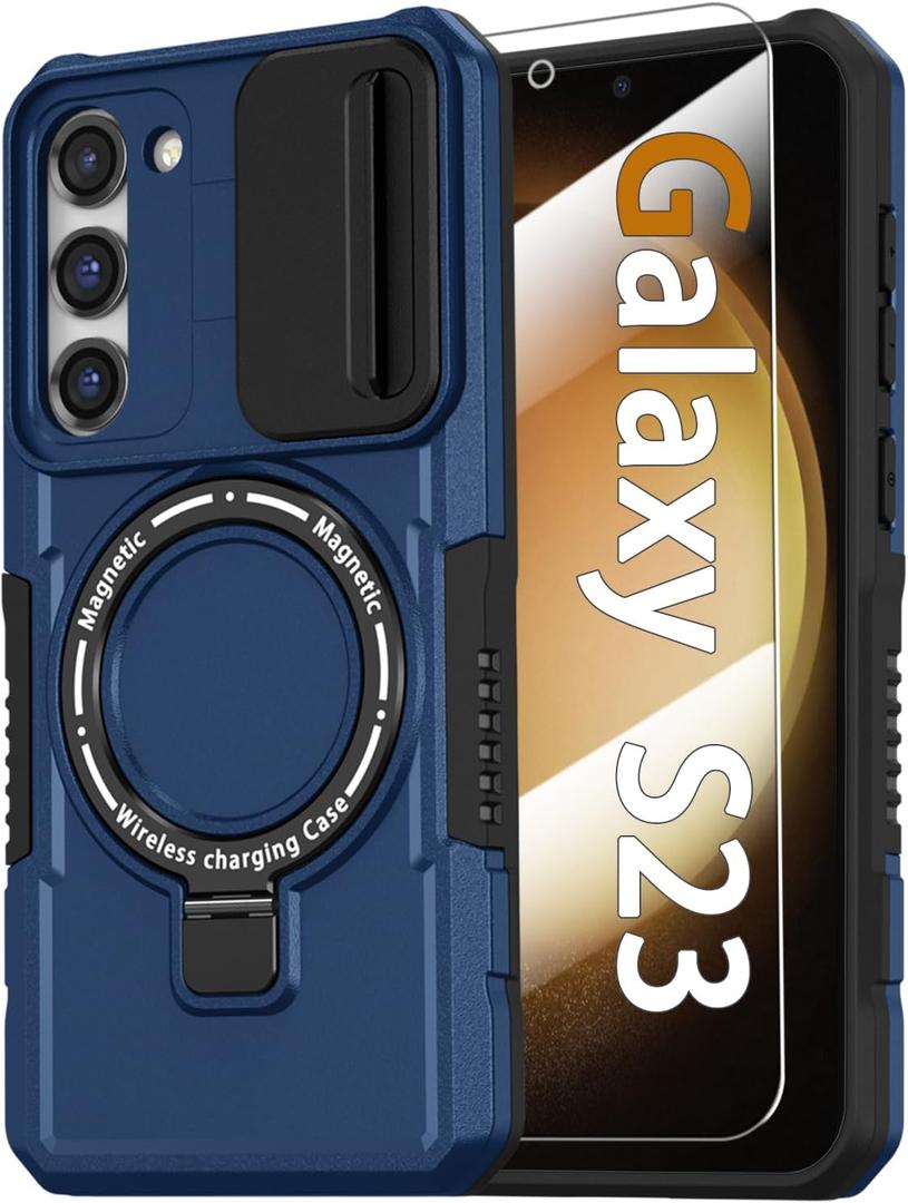 Magnetic Case for Samsung Galaxy S23 5G, with Ring Stand [Glass Screen Protector] [Compatible with MagSafe] Military Grade Case with Camera Cover, Shockproof Cover for Samsung S23 5G 6.1 inch, Blue