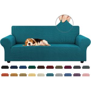 KEKUOU Stretch Sofa Cover Slipcover Couch Covers for 3 Cushion Couch Sofa pet Friendly (78"-94") Furniture Protector Sofa with Elastic Bottom for Kids,Dog, Jacquard Small Checked(Large,Peacock Blue)