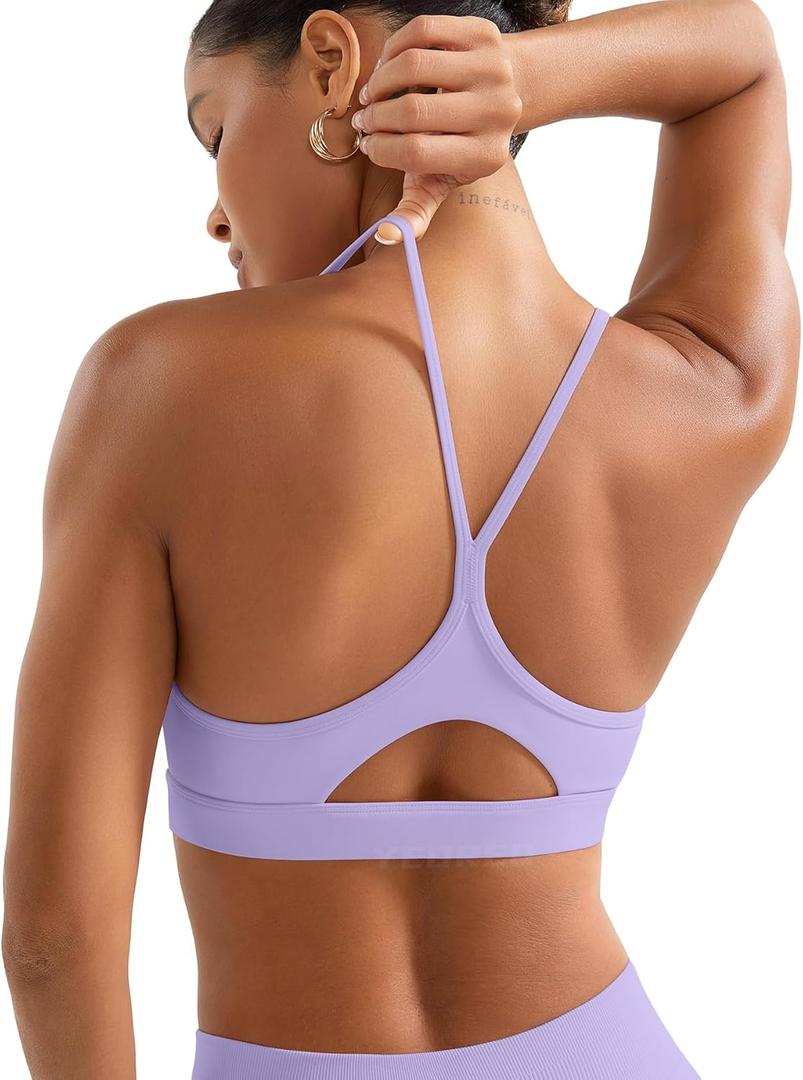 YEOREO Luciny Workout Y Back Sports Bras for Women Spaghetti Straps Racerback Padded V Neck Medium Impact Gym Bra Yoga Top (Small, Light Purple)