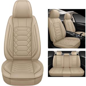 Leather Car Seat Covers Full Set, Waterproof Faux Leather Seat Covers for Cars, Non-Slip Car Interior Covers Universal Fit for Most Cars Sedans Trucks SUVs, Beige