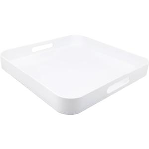 Square White Decorative Serving Tray with Handles, Versatile Ottoman Tray for Coffee Table, Entertaining, Outdoor Patio, Living Room, 13*13*1.6