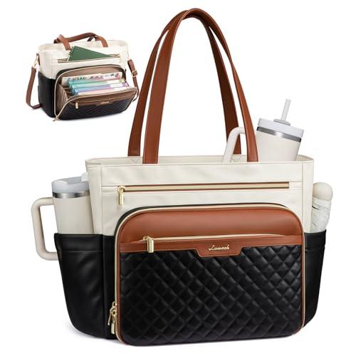 LOVEVOOK Teacher Tote Bag with Accordion File Pocket, Soft PU Leather Work Briefcase Quilted Laptop Bag with Large Cup Holder