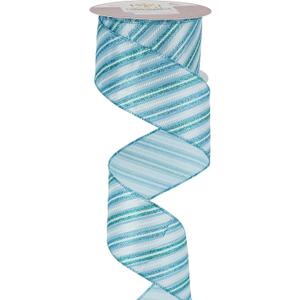 2 x MEEDEE Blue Diagonal Stripe Ribbon 2.5 Inch Blue Satin with Turquoise and Teal Glitter Wired Ribbon for Wreath Bow, Topper Bow, Tree, Garlands (10 Yards)