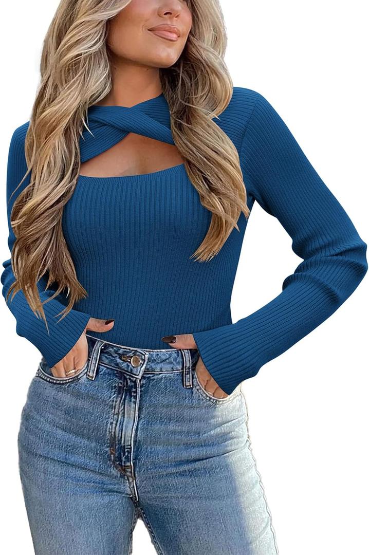 Zeagoo Sweaters for Women 2024 Knit Trendy Long Sleeve Lightweight Slim Fit Pullover Cutout Tops S-XXL (Medium, Lake Blue)