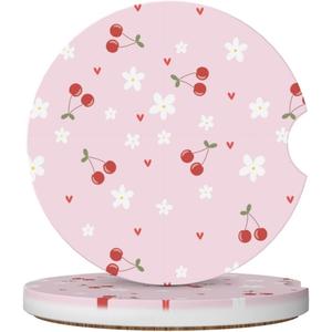 2 x Pink Cherry Car Coasters for Cup Holders,2 Pack Car Cup Holder Coasters for Car,Ceramic Absorbent Car Coaster with A Finger Notch and Cork Base,Car Interior Accessories for Women Men