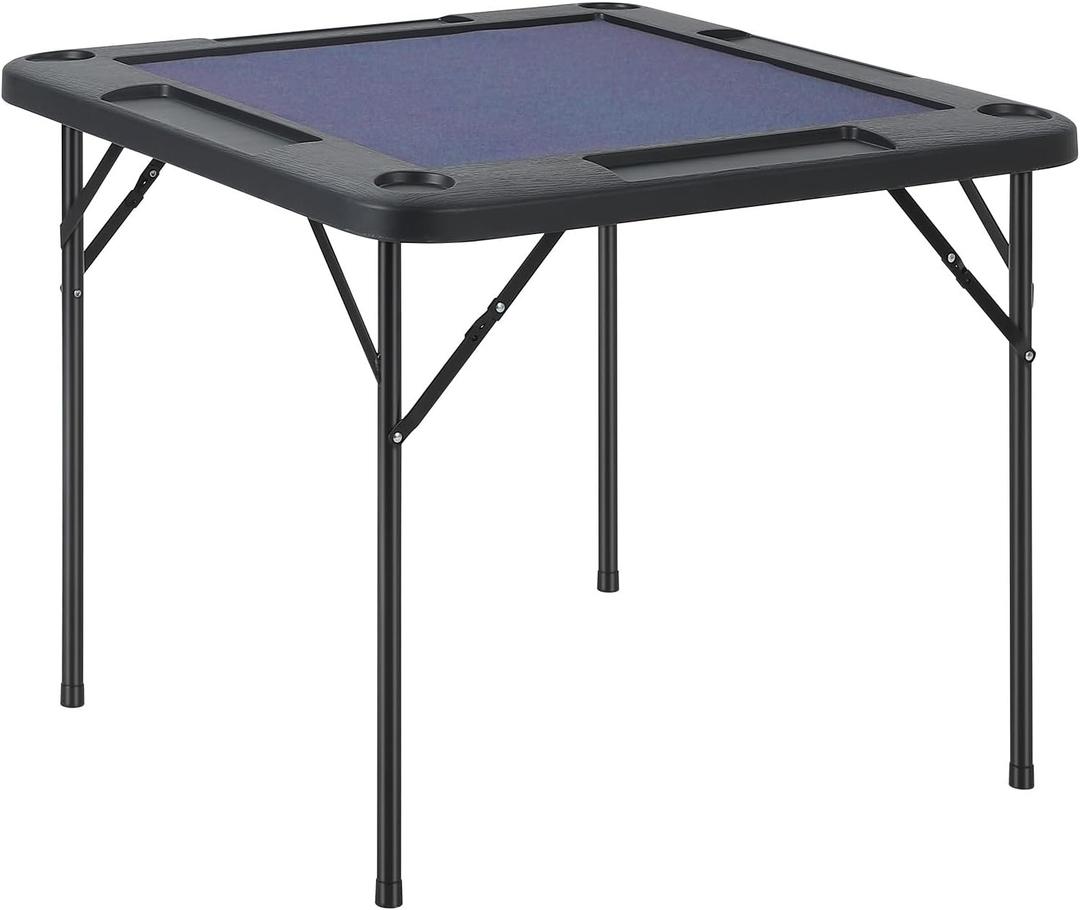 IDEALHOUSE 39.5 in Mahjong Table, Square Folding Card Table with Felt Blue Surface and Cup Holders, 4 Player Game Desk with Chip Trays Domino, Poker, Jigsaw Puzzles, 39.4in