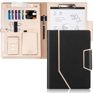 Toplive Conference Folder - Executive Business Padfolio with Letter/A4 Size Clipboard, Document Sleeve & Card Holders - Black
