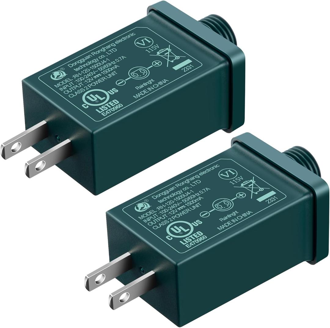 Feekoon 2 Pack Replacement Yard Adapter, 12vdc 1a Power Supply for Christmas Tree Lights, Halloween Christmas Inflatable Decoration, Class 2 Power Supply 120v 60hz Plug