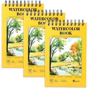 Watercolor Paper Pad 3 Pack 5.5" x 8.5" Sketch Book 90 Sheets 140lb (300gsm) Spiral Bound Acid-Free Heavyweight Water Color Paper for Adults Kids Beginners Artists Students Mixed Media Markers