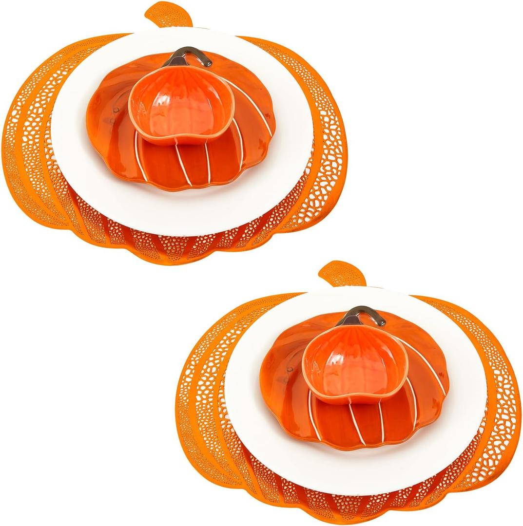 Jinei 8 Pcs Thanksgiving Fall Tableware Set Include Large Ceramic Pumpkin Shaped Plates White Dinner Ceramic Plates Small Pumpkin Shaped Bowls and Place Mats for Autumn Halloween Table Party Decor