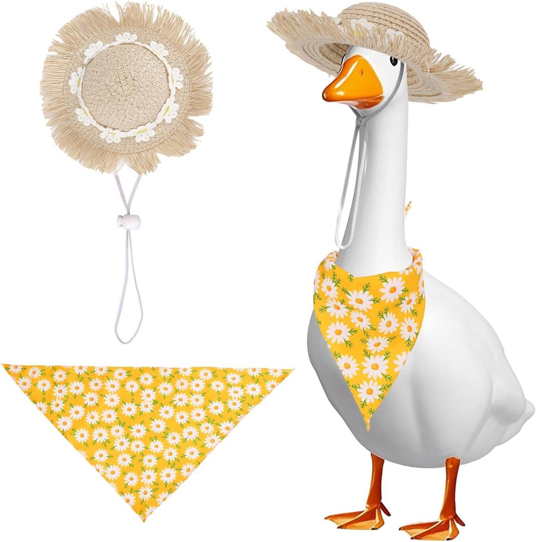 Pastoral Style Porch Goose Outfits, Summer Autumn Goose Clothes Dress Set Buckwheat Hat & Bandana Scarf for 23" Lawn Statue Pet Costume for Patio Yard Garden Decoration (Yellow Daisy) (Beige)