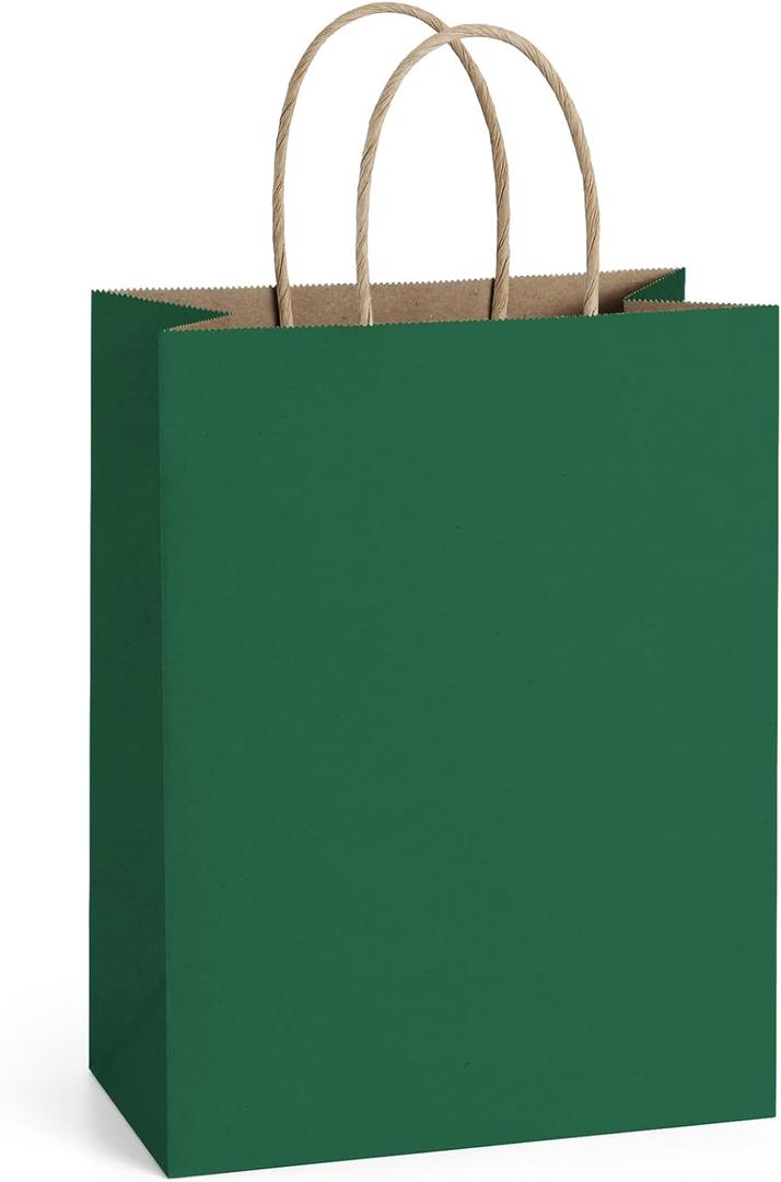 BagDream Forest Green Gift Bags with Handles Bulk 8x4.25x10.5 Inch 100Pcs Medium Kraft Paper Bags for Christmas, Thanksgiving, Craft, Party Favors, Retail, Grocery, Recyclable Paper Sacks