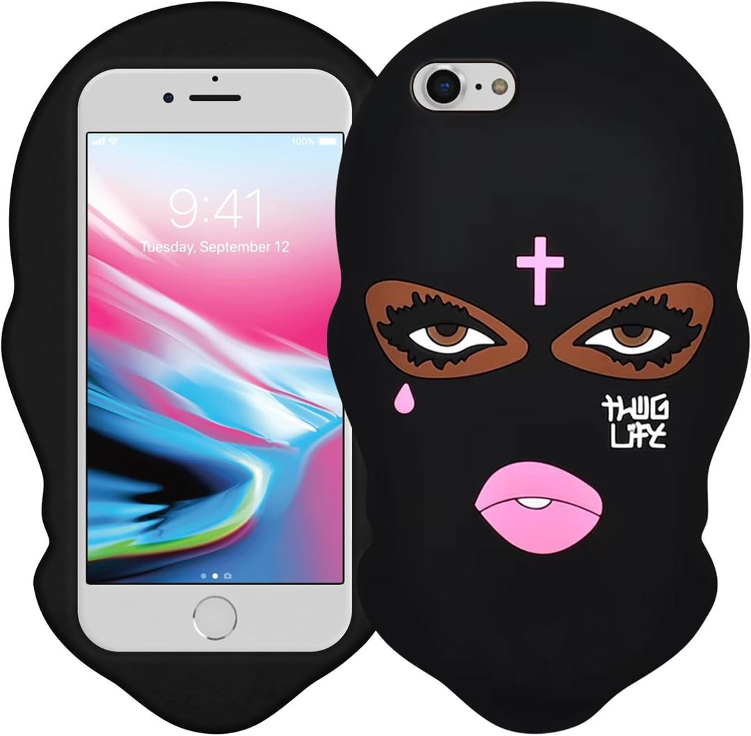 Boaretiu Soft Silicone Carton Quirky 3D Design iPhone 8/7/6 Case 4.7 Inch - Phone Case for Boy Girl Women Girly Funny Unique Mysterious Fun, Black Face