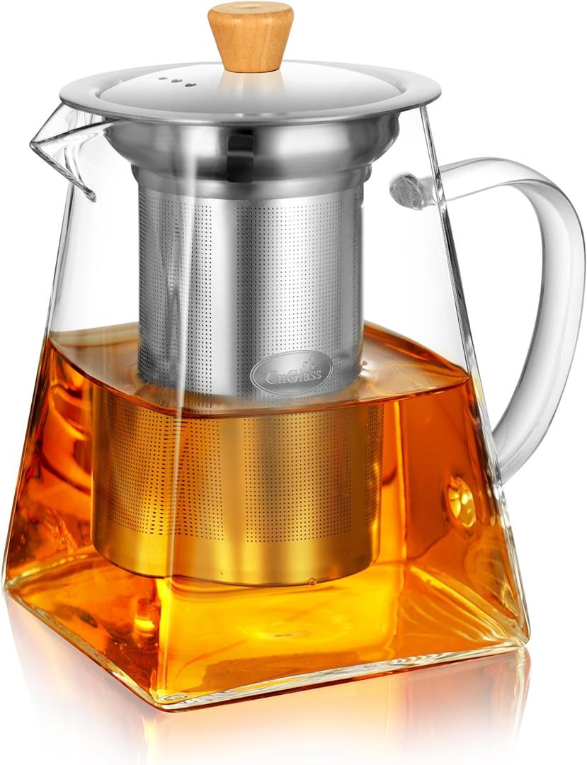 CNGLASS Glass Teapot with Infuser,24oz Clear Glass Tea Kettle with Removable Stainless Steel Strainer,Stovetop Safe Glass Teapot for Blooming and Loose Leaf Tea