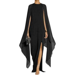 MAYFASEY Women's Elegant High Split Flare Sleeve Formal Evening Gowns Maxi Dress with Cape (Medium, Black)
