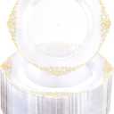 Morejoy 100pcs Gold Plastic Plates - Clear Gold Disposable Plates - 7.5 inch Clear and Gold Dessert Plates, Clear Plastic Plates with Gold Rim for Weddings & Parties & Shower