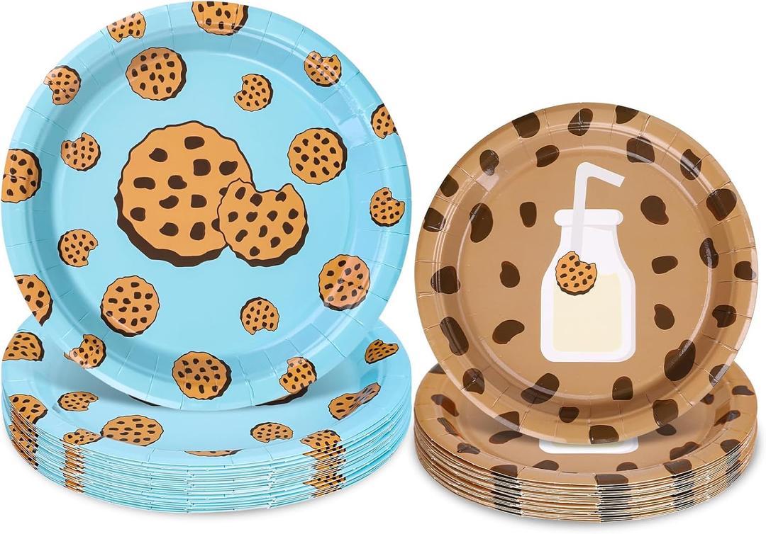 48 Pcs Milk and Cookies Birthday Party Supplies Chocolate Chip Cookie and Milk Disposable Plates 7 & 9 Inch Party Tableware for Birthday Baby Shower Holiday Table Decor Supplies