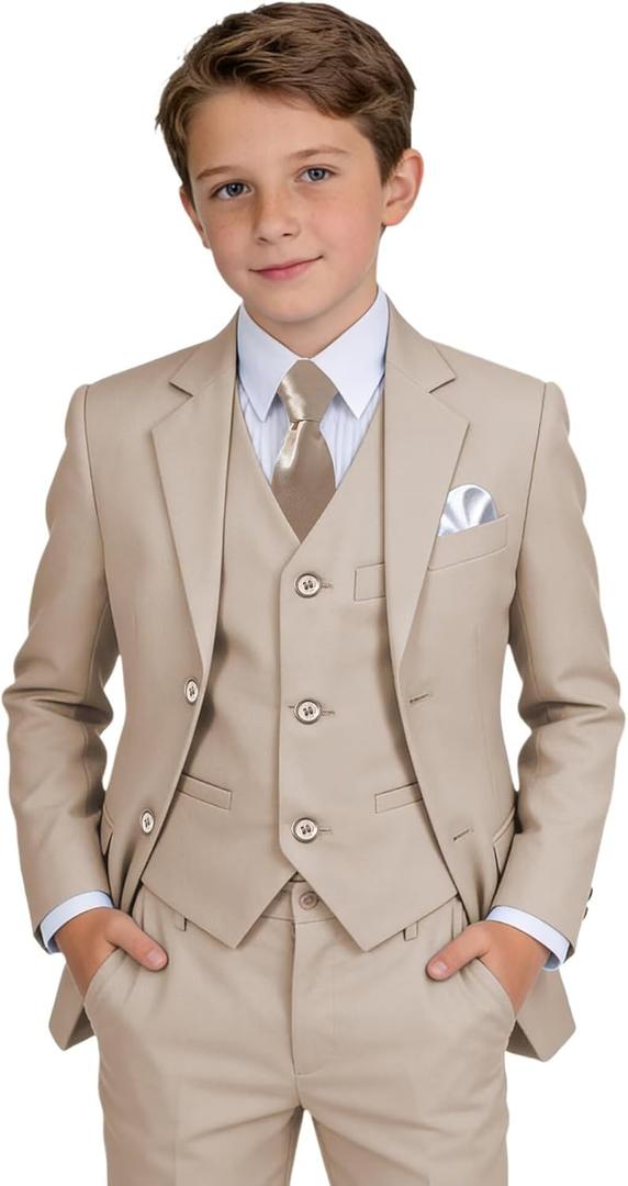 Boys' Suit Kids Formal Tuxedo Suits Set for Boys 6 Piece Dress Clothes Easter Wedding Outfit with Tie Pocket Square (Beige), 12Y