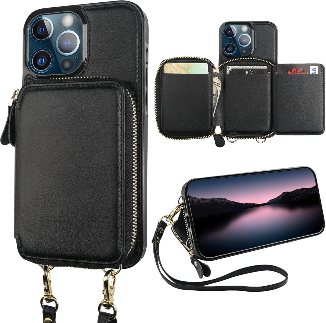 Bocasal RFID Blocking Wallet Case for iPhone 13 Pro, Adjustable Crossbody Zipper Purse Case Card Holder with Kickstand Detachable Wrist Strap, PU Leather Flip Folio Case 6.1 Inch 5G (Black)