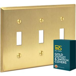 Rio Salto BRASS Toggle Light Switch Cover Plate Triple Toggle Flip Switch Outlet Covers 3 Light Switch Cover Plate Brushed Brass Gold Metal Deco Collection, Midsize 6.75" X 4.94"
