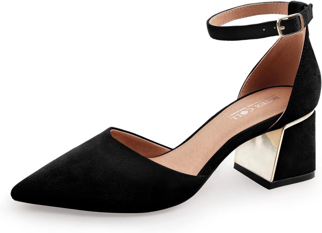 BCTEX COLL Womens Pointed Toe Pumps Shoes Ankle Strap Chunky Low Heels Metal Lined Sandals Designed for Women (7, Black)