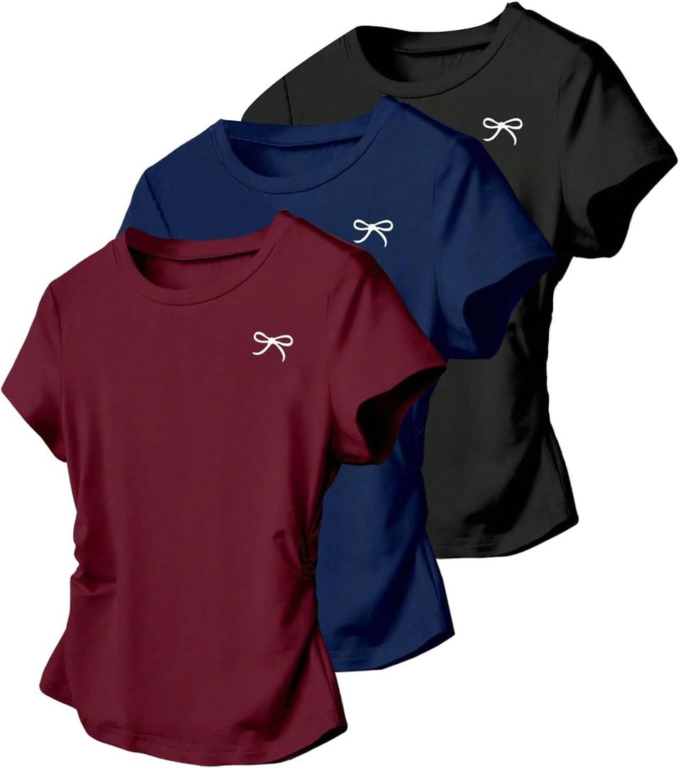 OYOANGLE Girl's 3 Piece Bow Graphic Short Sleeve Cute Shirts Set Ruched Slim Fitted Tee Tops Blouses (Black Blue Burgundy) S