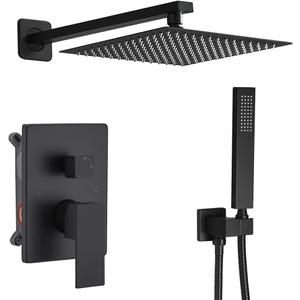 Shower Faucet Set Rain Shower System Matte Black with High Pressure 10-Inch Shower Head Handheld Square Shower Head Bathroom Luxury Rain Shower Faucet Shower Complete Combo Kit Wall Mounted