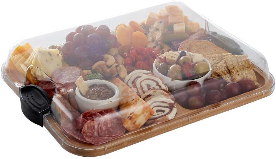 Farberware Build-A-Board Bamboo Cutting Board with Built-In Compartments & Clear Locking Lid, Black Handles Charcuterie, Snack Tray, Food Prep and Serving Platter