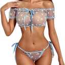 Sexy Open Front V Neck Ruffle Sheer Mesh Lace Wireless Babydoll Lingerie Dress with Thong 2 Piece XL