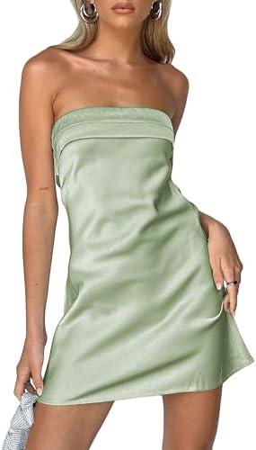 Realtix Womens Satin Silk Backless Strapless Mini Dress Sexy Low Back Tube Club Party Dress for Women XS