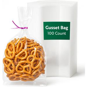 Restaurantware Bag Tek 4 x 2.3 x 8 Inch Gusset Bags 100 Heat Sealable Candy Bags - Food Safe Package Popcorn or Cookies Clear Plastic Treat Bags For Party Favors Snacks or Baked Goods