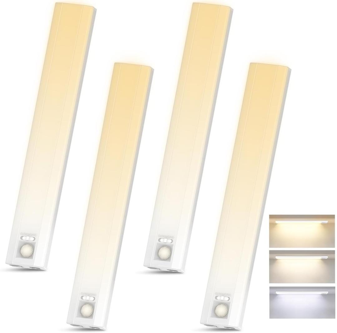 10inch Under Cabinet Lighting, 136 LED 3 Color Rechargeable Motion Sensor Light Indoor, 6 Levels Dimmable Magnetic Closet Lights, Wireless Under Counter Lights for Kitchen, Stairs, Bedroom, 4-Pack