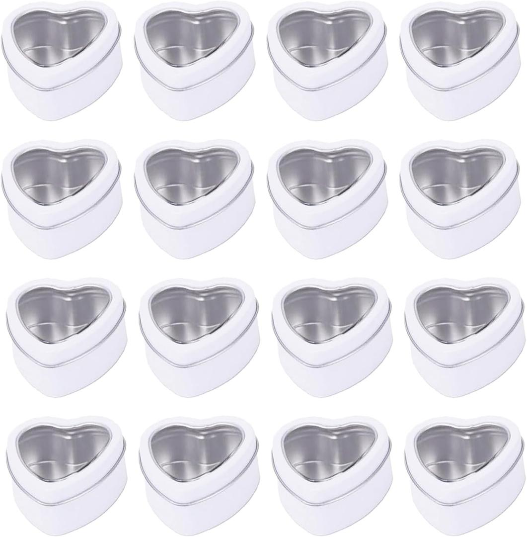 15 Pcs Metal Tins Jar 2 OZ Empty Heart Shaped Tins with Clear Window Lid for Candle Jars Art Crafts Candies Party Favors (White)