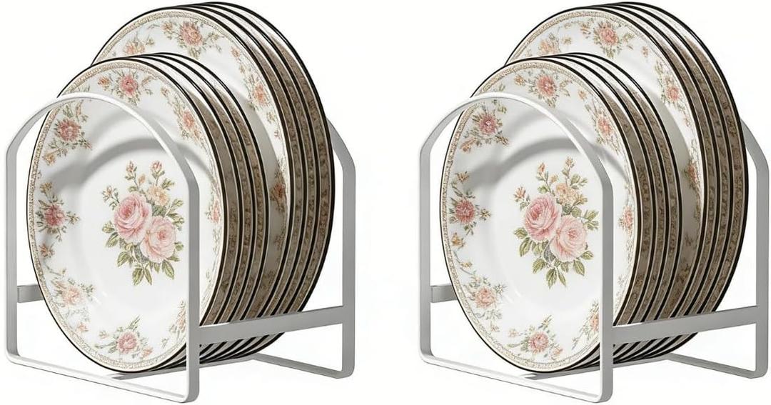 2 Pack Kitchen Plate Holder Organizer for Cabinet Space Saver Dinner Dish Storage Rack Upright Dish Drying Racks Metal Plate Dish Racks Stand for Cupboard and Countertop Rustproof Large White