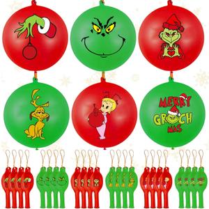 24 Pcs Christmas Punch Balloons Christmas Latex Bounce Balloons with Rubber Band Handle for Birthday Party