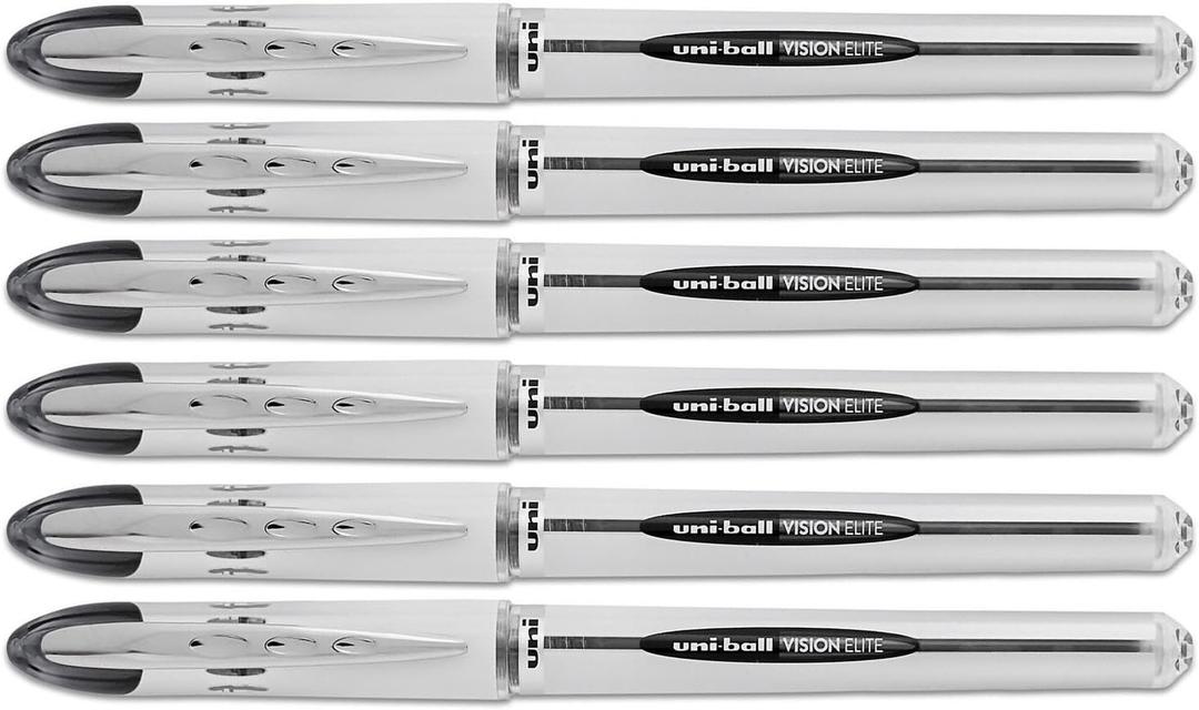 Uni-Ball Vision Elite Stick Roller Ball Pens, Bold Point, Black Ink, 6 Pens