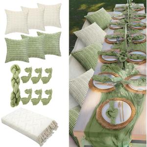 91 x 71 Extra Large Outdoor Boho Picnic Blanket with Beige White Table Runner, 6 Throw Pillow Covers 6 Napkins Woven Cotton Yarn Oversize Beach Blanket Washable Picnic Camp Wedding, Sage Green