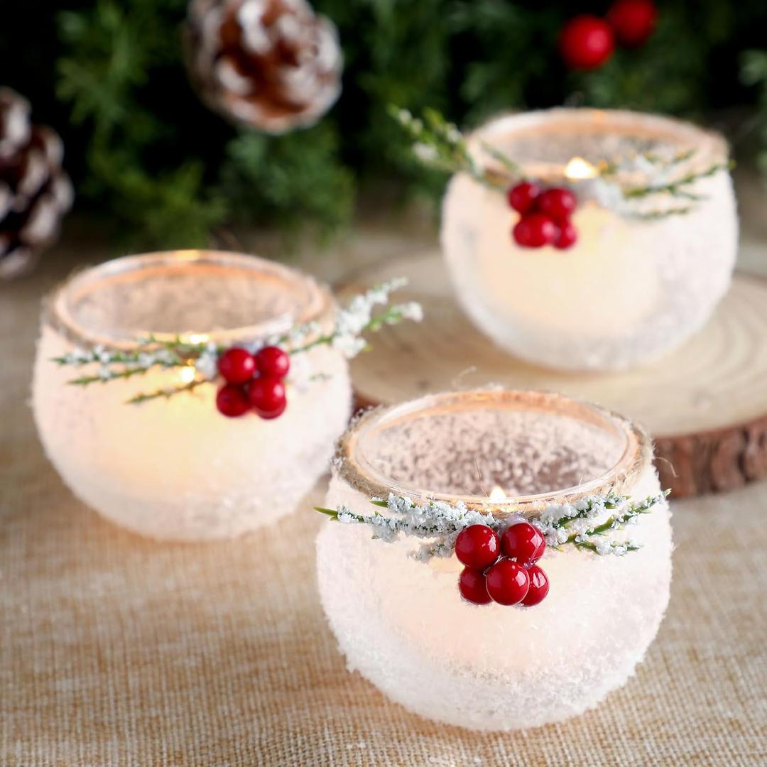 6 Pcs Christmas Votive Candle Holders with Snowy and Red Berry Pine Leaves Xmas Glass Tealight Candle Holders for Table Centerpiece Fireplace Home Ornaments Wedding Party Indoor Decorations