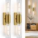21" Gold Bathroom Sconces Set of 2 , Modern Wall Sconces Set of Two with Threaded Glass, Hardwired Up Down Wall Lighting Vanity Fixtures for Bedroom Bathroom Living Room Hallway (Bulb Not Included)