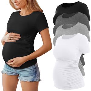 Huukeay 4 Pack Women's Maternity Shirts, Crew Neck Maternity Top Short Sleeve Casual Cotton Tee Side Ruched Pregnancy Clothes, Small